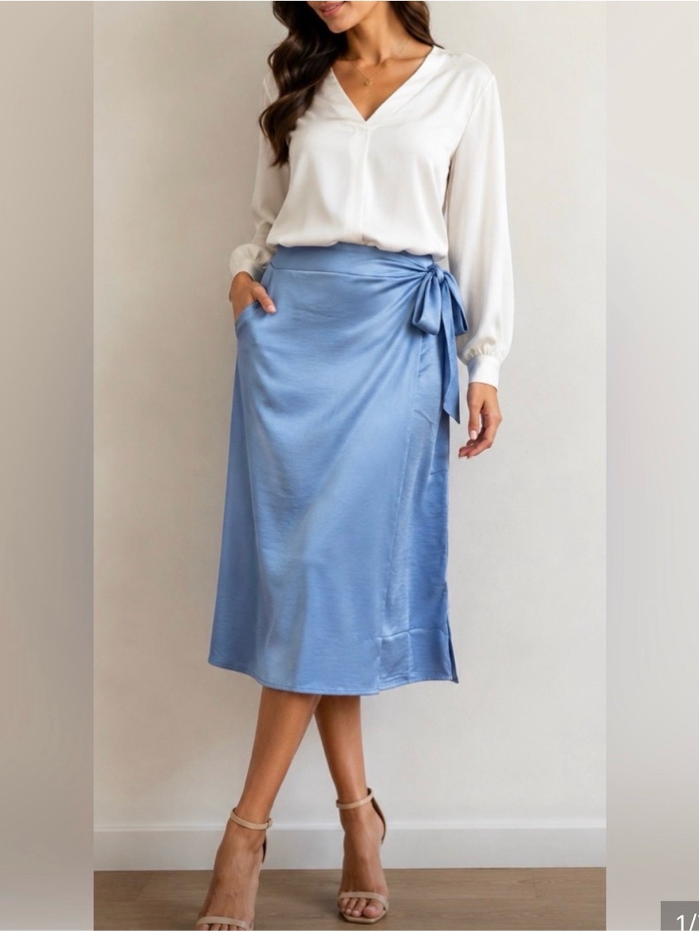 Wildfang Empower Satin Tie-Waist Midi Skirt - Cornflower Blue Pockets